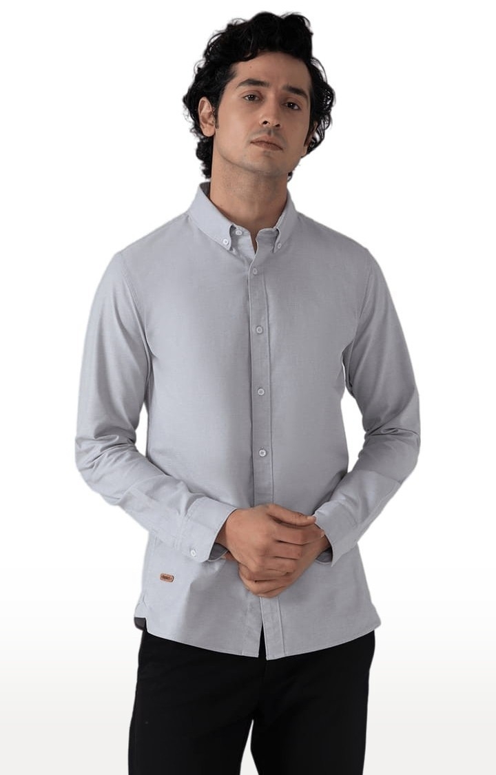 (SUBTRACT) | Men's Yarn Dyed Oxford Shirt in Light Grey Slim Fit