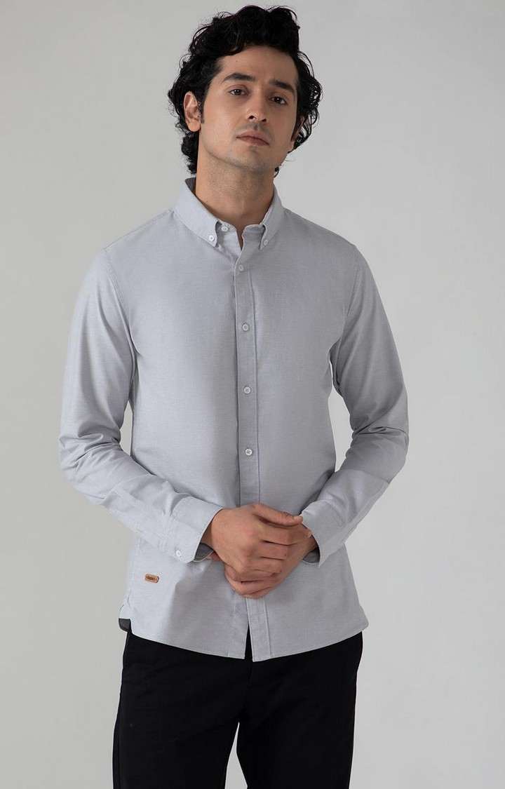 SUBTRACT-Yarn Dyed Oxford Shirt in Light Grey- Slim Fit