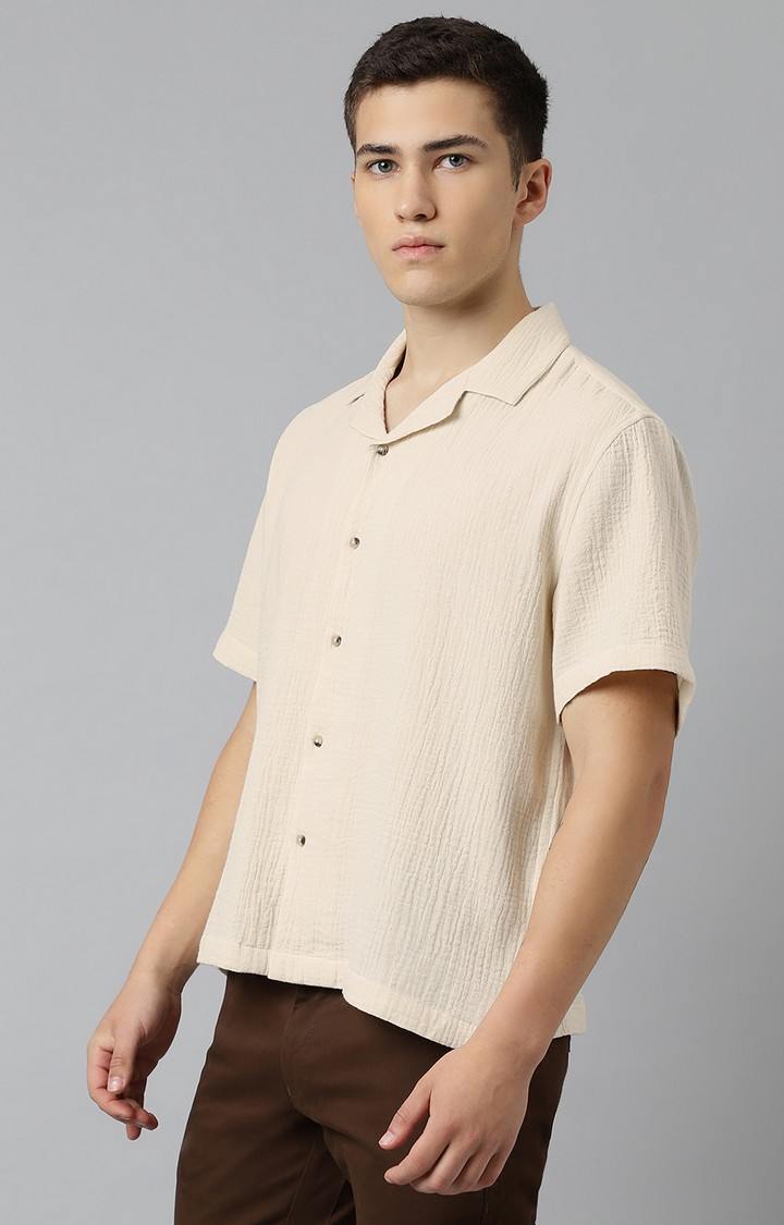 SUBTRACT-Men Beige Comfort Fit Solid Cuban Collar Casual Shirt