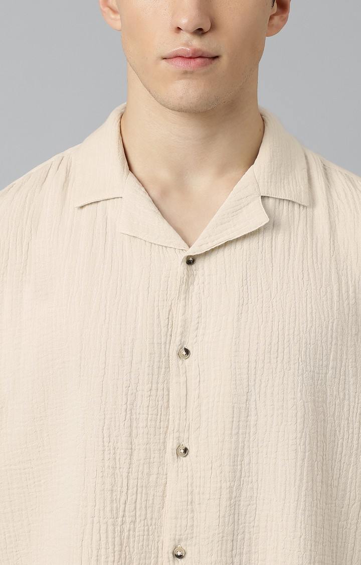 SUBTRACT-Men Beige Comfort Fit Solid Cuban Collar Casual Shirt