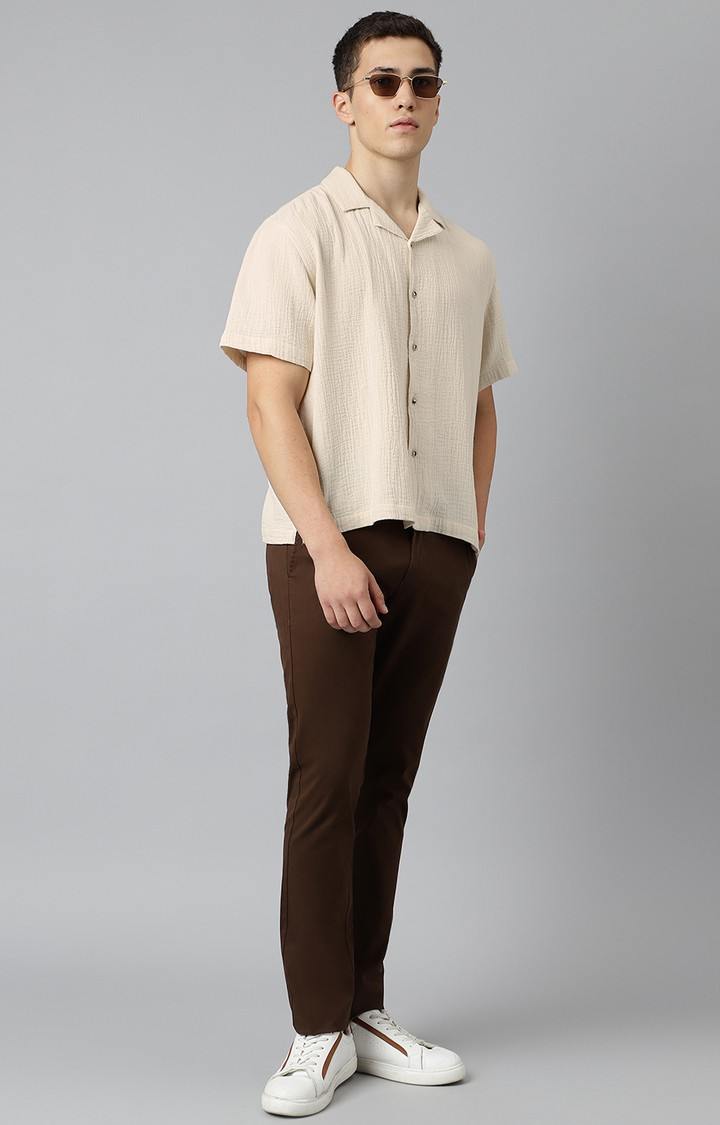 SUBTRACT-Men Beige Comfort Fit Solid Cuban Collar Casual Shirt