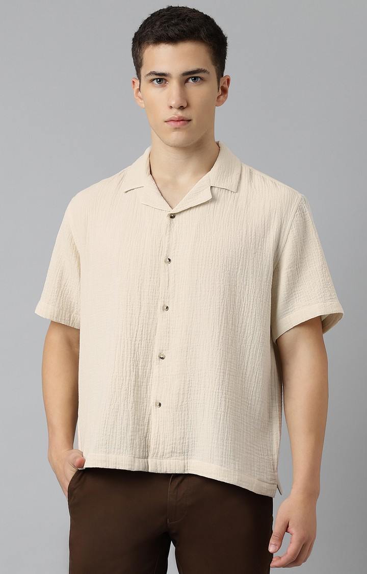 SUBTRACT-Men Beige Comfort Fit Solid Cuban Collar Casual Shirt