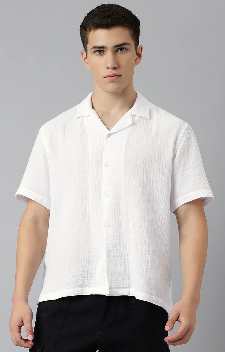 SUBTRACT-Men White Comfort Fit Solid Cuban Collar Casual Shirt
