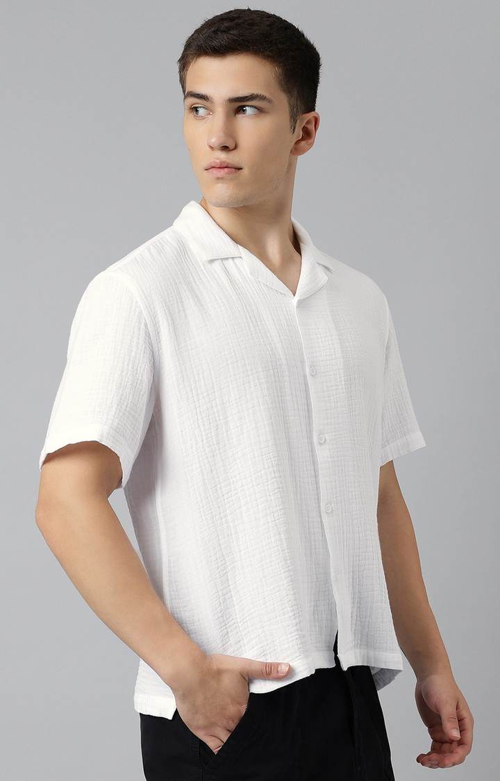 SUBTRACT-Men White Comfort Fit Solid Cuban Collar Casual Shirt