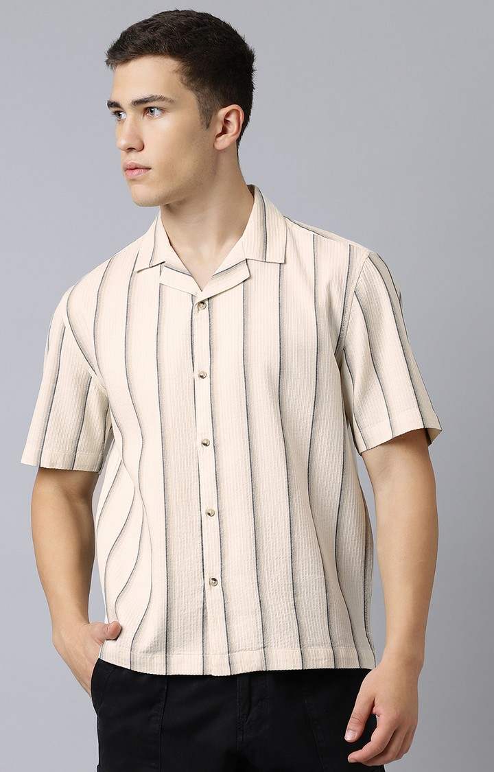 SUBTRACT-Men Beige Comfort Fit Striped Cuban Collar Casual Shirt