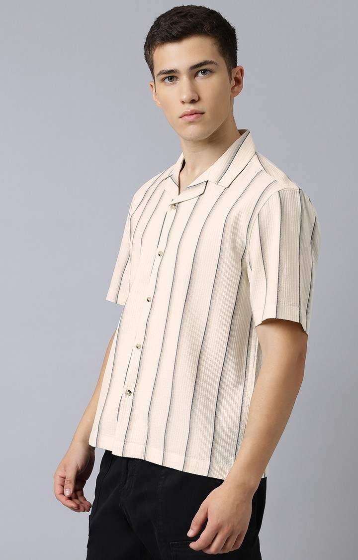 SUBTRACT-Men Beige Comfort Fit Striped Cuban Collar Casual Shirt