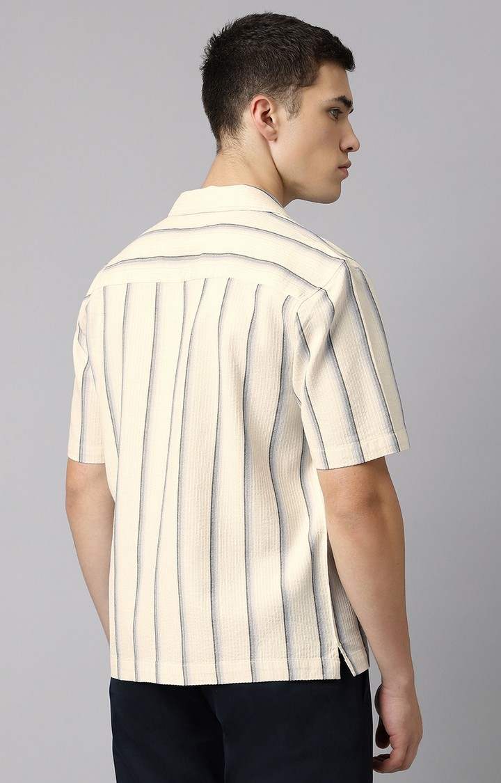 SUBTRACT-Men Beige Comfort Fit Striped Cuban Collar Casual Shirt