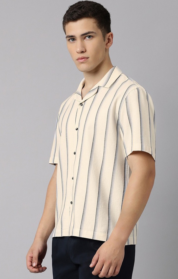 SUBTRACT-Men Beige Comfort Fit Striped Cuban Collar Casual Shirt