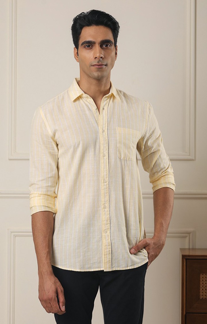 SUBTRACT-Men Yellow Striped Comfort Fit Spread Collar Casual Shirt