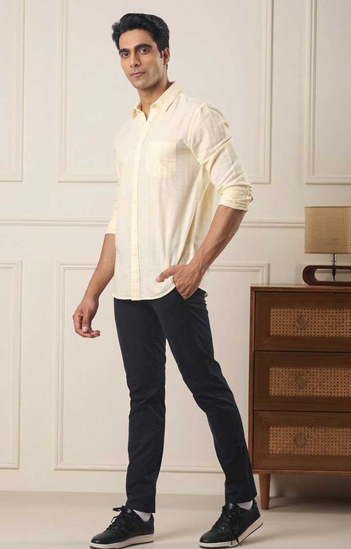 SUBTRACT-Men Yellow Striped Comfort Fit Spread Collar Casual Shirt