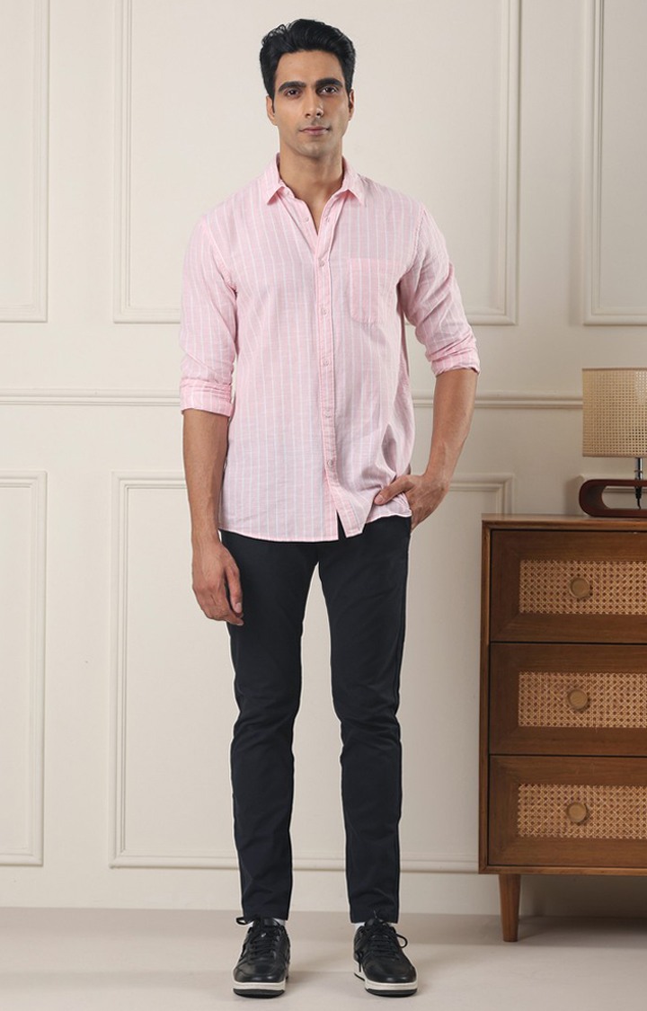 SUBTRACT-Men Pink Striped Comfort Fit Spread Collar Casual Shirt