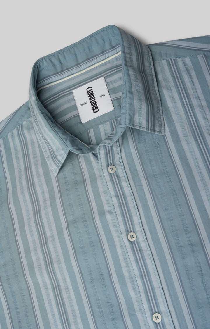 SUBTRACT-Men Ash Blue Striped Comfort Fit Spread Collar Casual Shirt