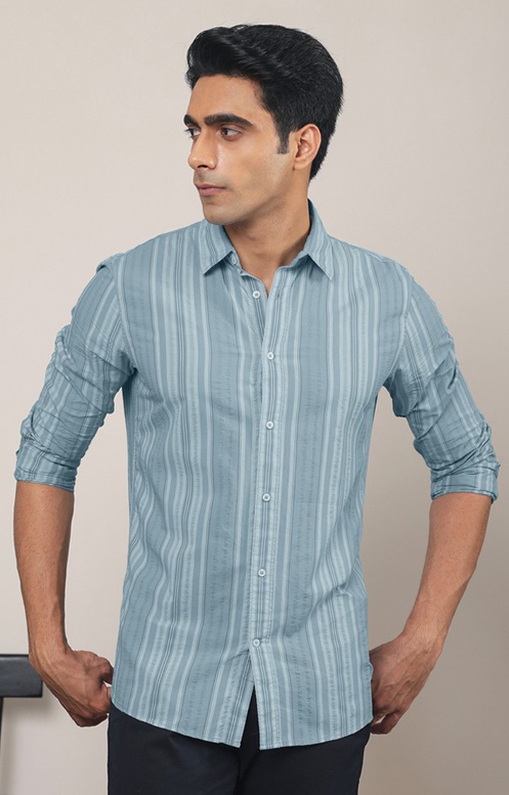 SUBTRACT-Men Ash Blue Striped Comfort Fit Spread Collar Casual Shirt