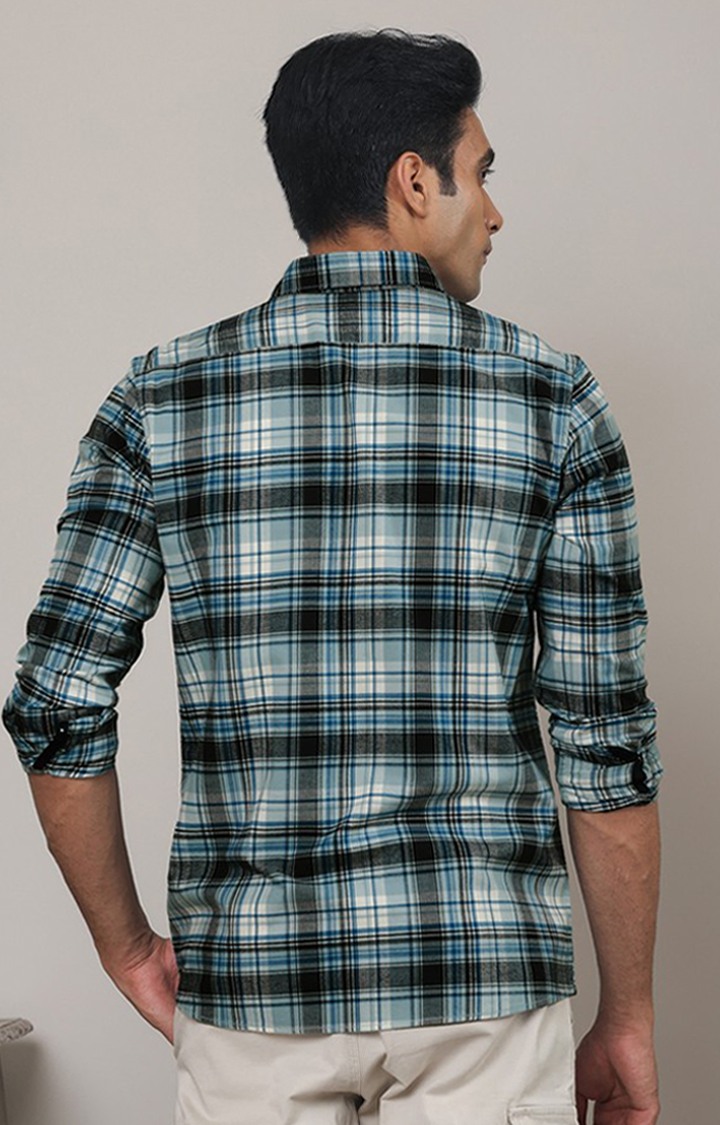 SUBTRACT-Men Denim Blue Checked Comfort Fit Spread Collar Casual Shirt