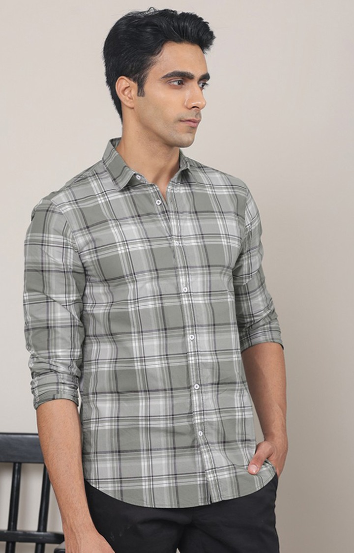 SUBTRACT-Men Grey Checked Comfort Fit Spread Collar Casual Shirt