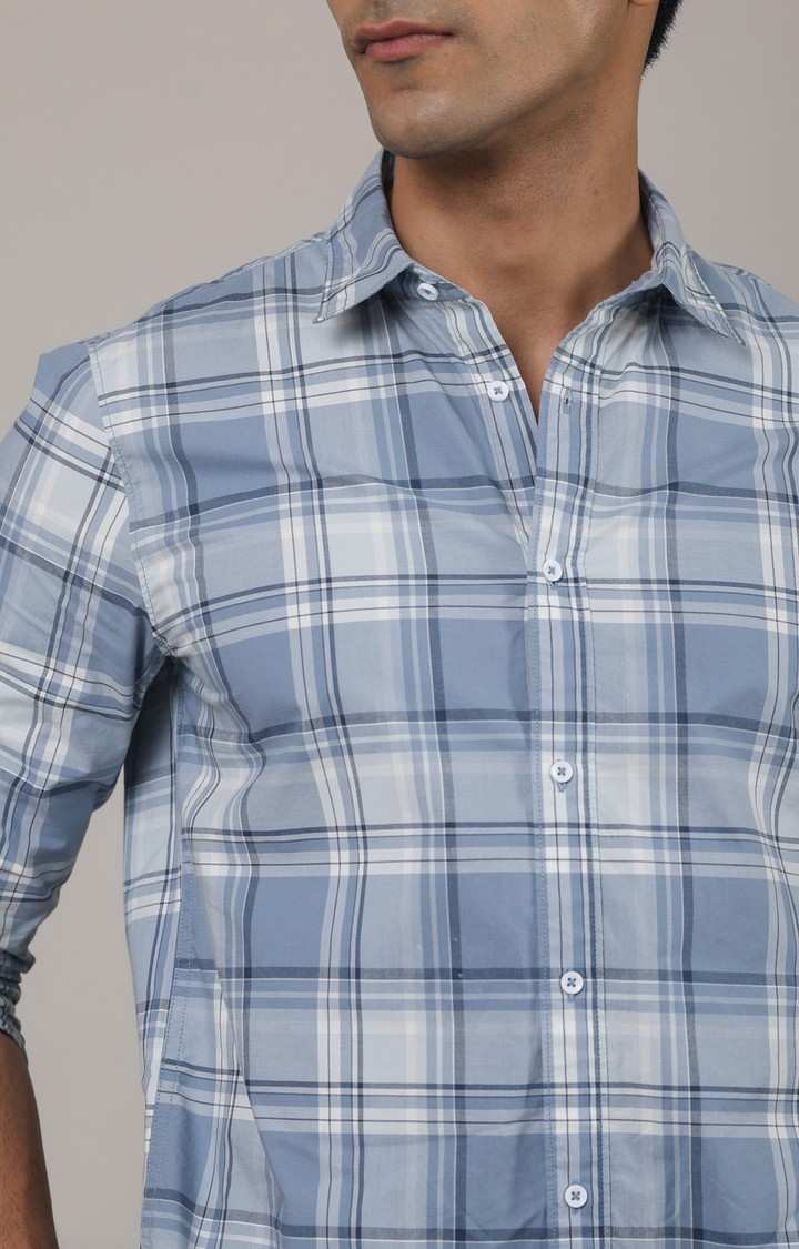 SUBTRACT-Men Stone Blue Checked Comfort Fit Spread Collar Casual Shirt