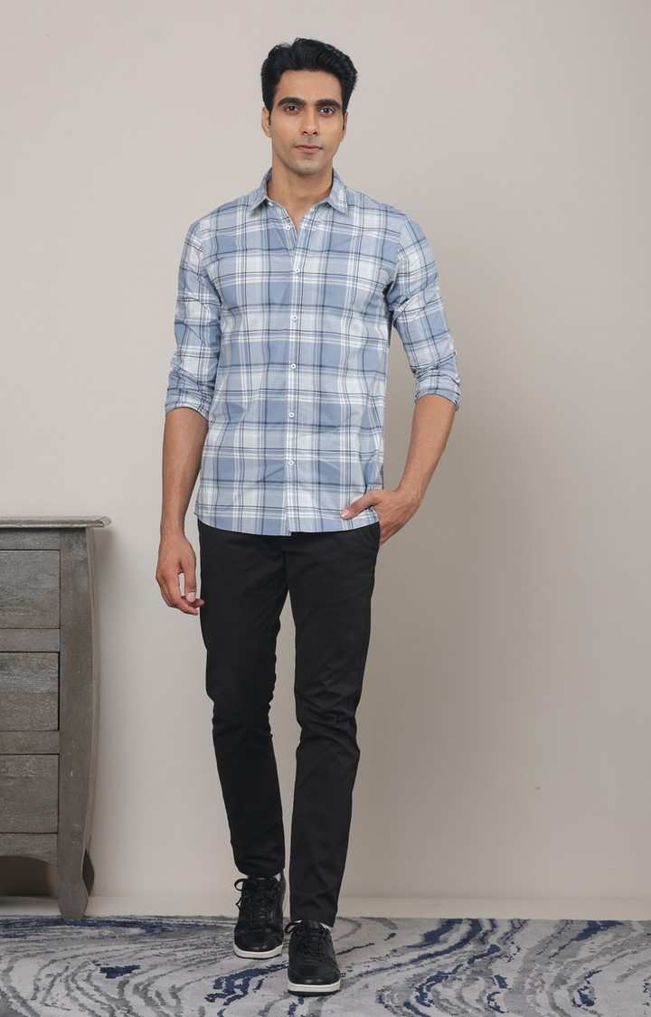 SUBTRACT-Men Stone Blue Checked Comfort Fit Spread Collar Casual Shirt