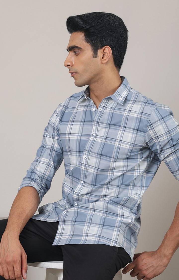 SUBTRACT-Men Stone Blue Checked Comfort Fit Spread Collar Casual Shirt