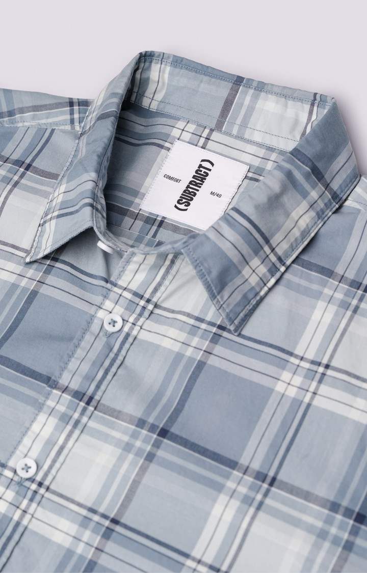 SUBTRACT-Men Stone Blue Checked Comfort Fit Spread Collar Casual Shirt