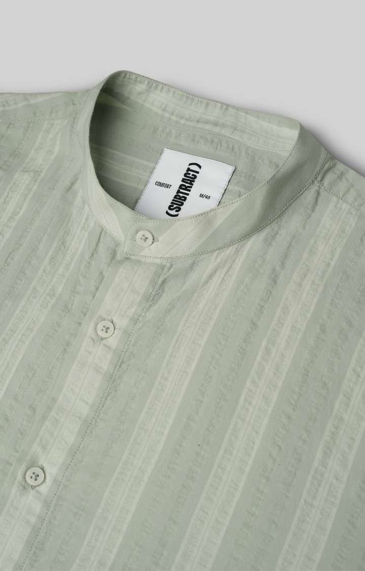 SUBTRACT-Men Mint Striped Comfort Fit Mandarin Collar Casual Shirt