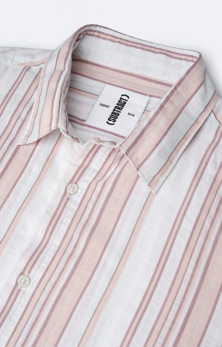 SUBTRACT-Men Peach White Striped Comfort Fit Spread Collar Casual Shirt