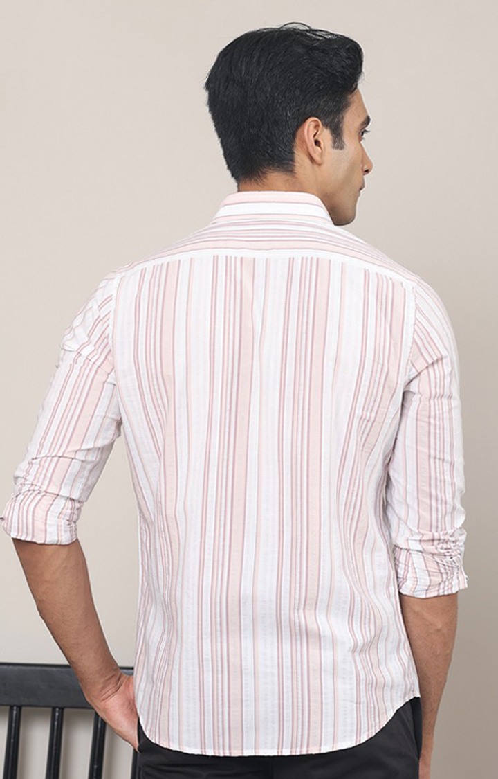 SUBTRACT-Men Peach White Striped Comfort Fit Spread Collar Casual Shirt