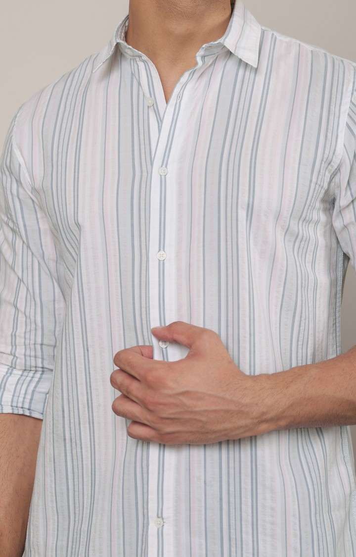 SUBTRACT-Men Sky White Striped Comfort Fit Spread Collar Casual Shirt