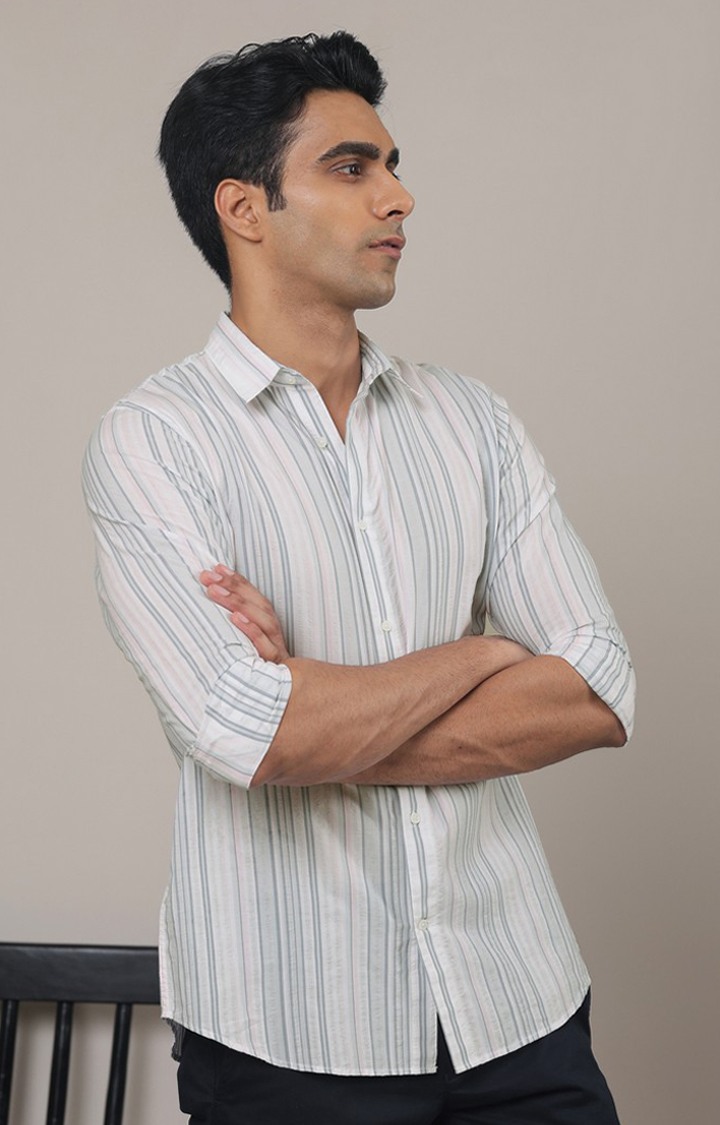 SUBTRACT-Men Sky White Striped Comfort Fit Spread Collar Casual Shirt