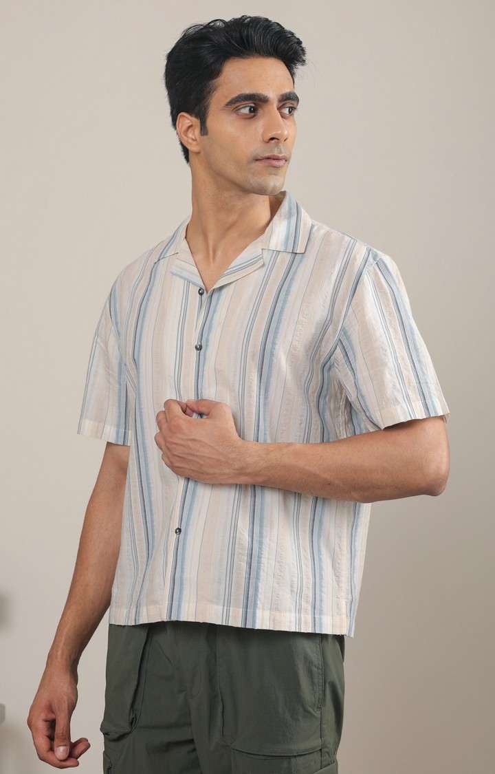 SUBTRACT-Men Beige Blue Striped Boxy Fit Cuban Collar Casual Shirt