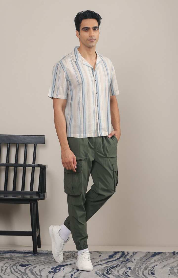 SUBTRACT-Men Beige Blue Striped Boxy Fit Cuban Collar Casual Shirt