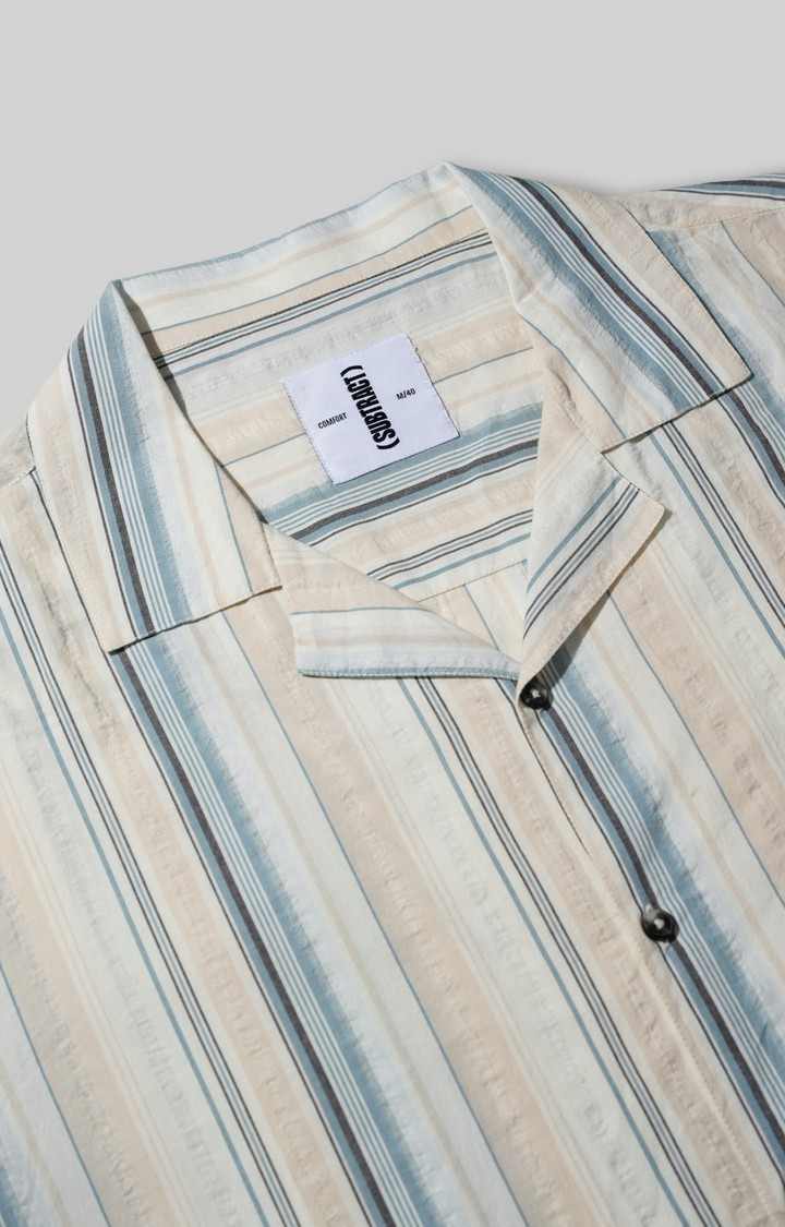 SUBTRACT-Men Beige Blue Striped Boxy Fit Cuban Collar Casual Shirt