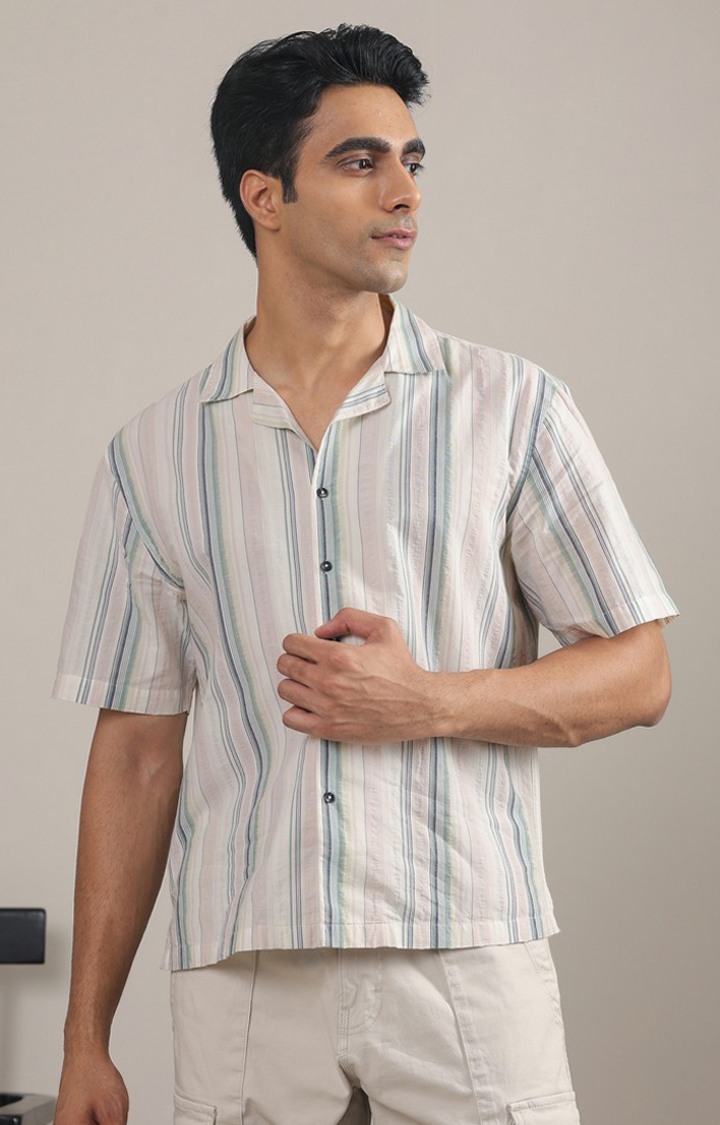 SUBTRACT-Men Beige Green Striped Boxy Fit Cuban Collar Casual Shirt