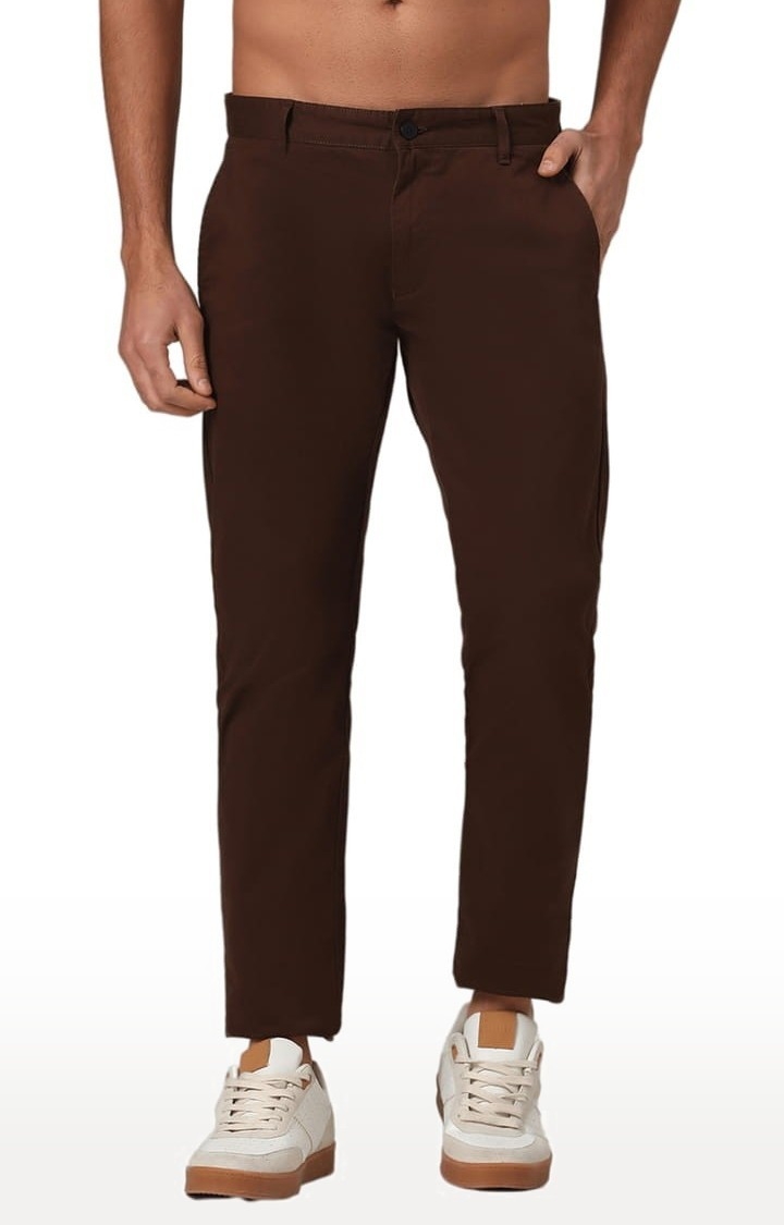 BASICS TAPERED FIT SEPIA BROWN COTTON STRETCH TROUSERS-23BTR50302