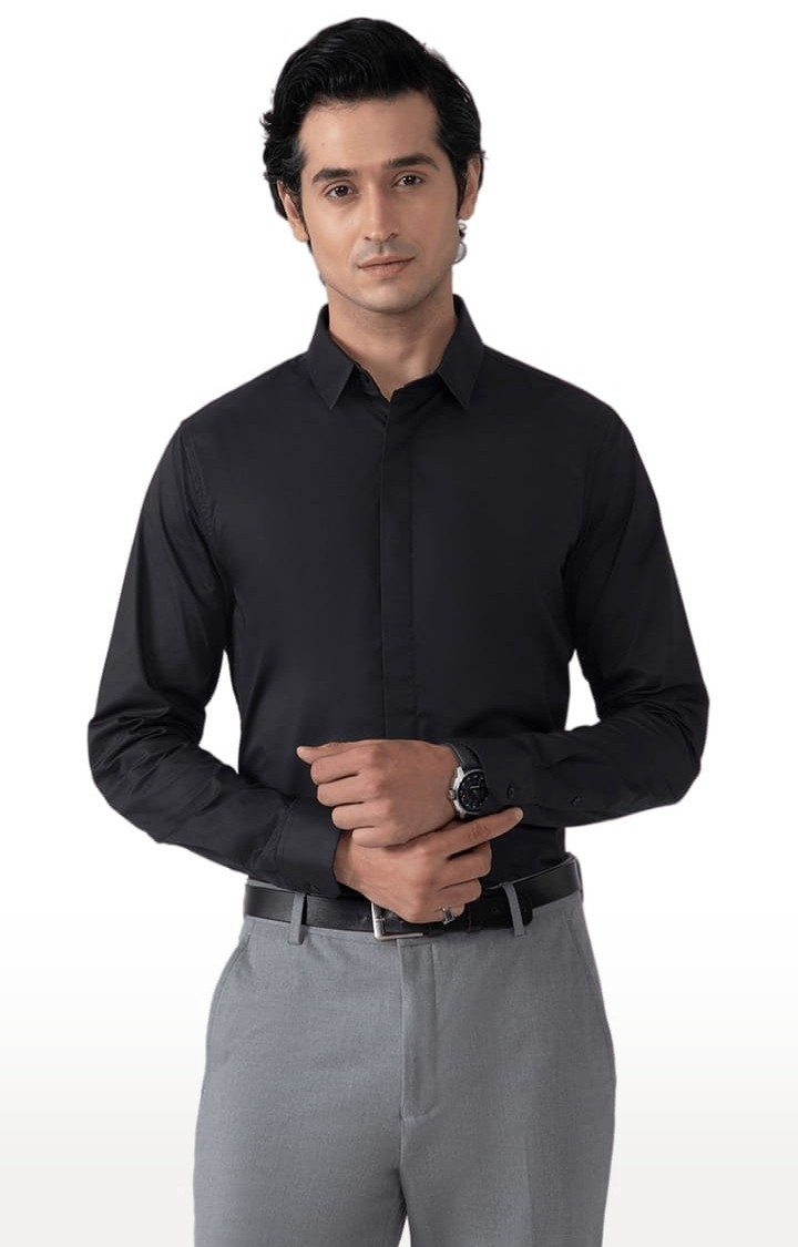 Men's Cotton Satin Formal Shirt in Raven Black Slim Fit