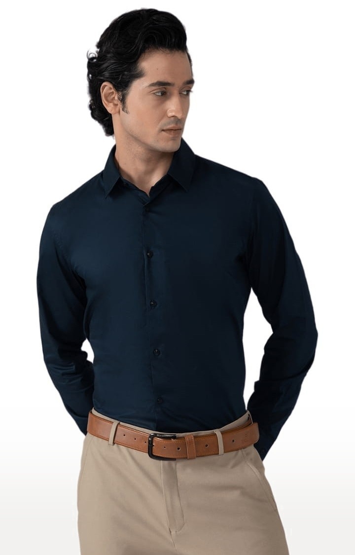 (SUBTRACT) | Men's Cotton Satin Evening Shirt in Midnight Blue Slim Fit