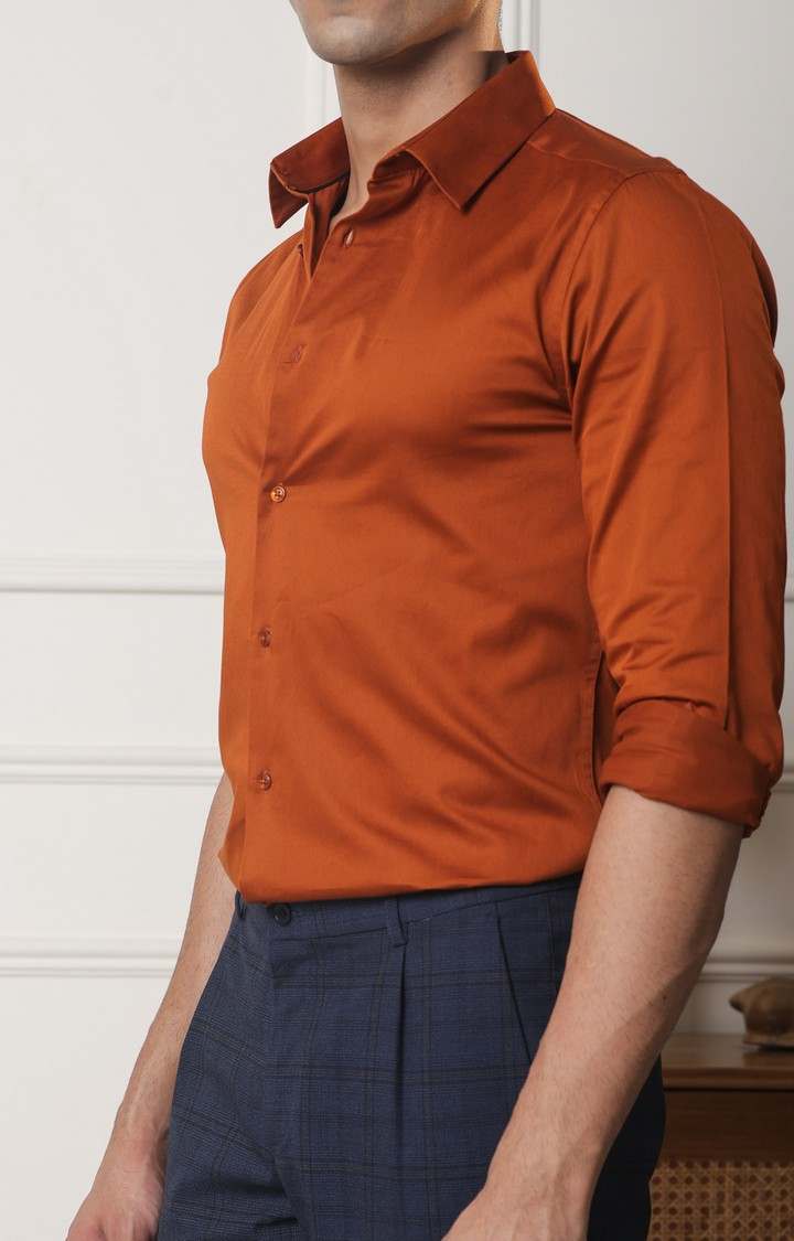 SUBTRACT-Men Copper Slim Fit Solid Spread Collar Cotton Satin Evening Shirt