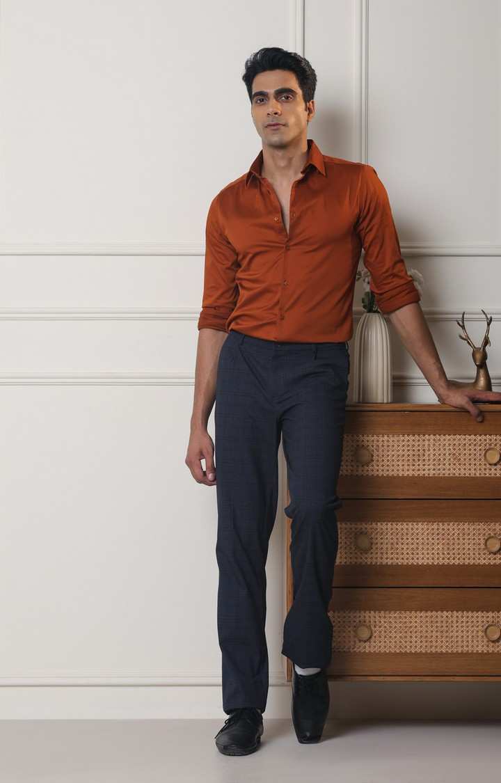 SUBTRACT-Men Copper Slim Fit Solid Spread Collar Cotton Satin Evening Shirt