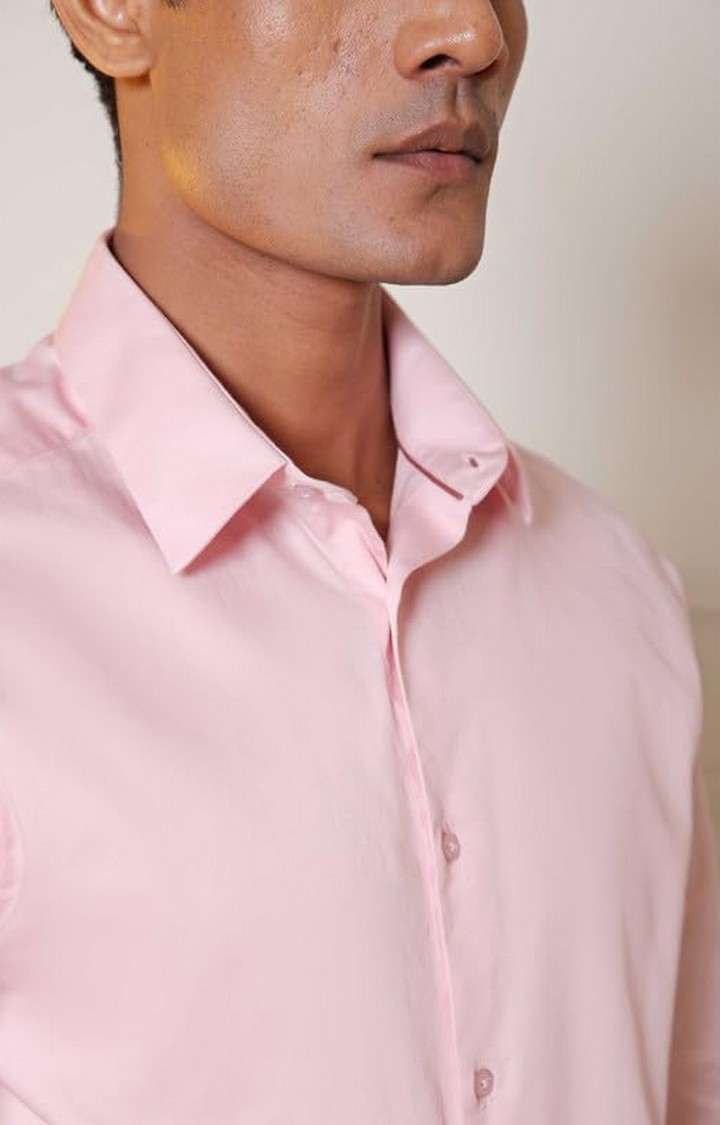 SUBTRACT-Men Ice Pink Slim Fit Solid Spread Collar Cotton Satin Evening Shirt