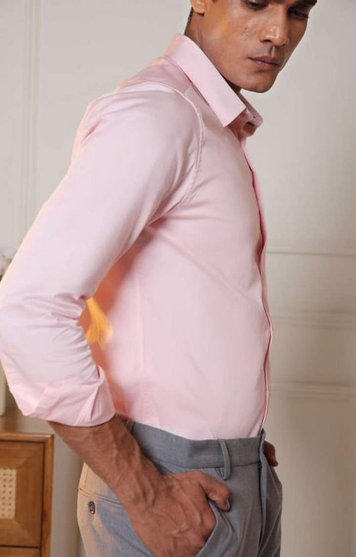 SUBTRACT-Men Ice Pink Slim Fit Solid Spread Collar Cotton Satin Evening Shirt