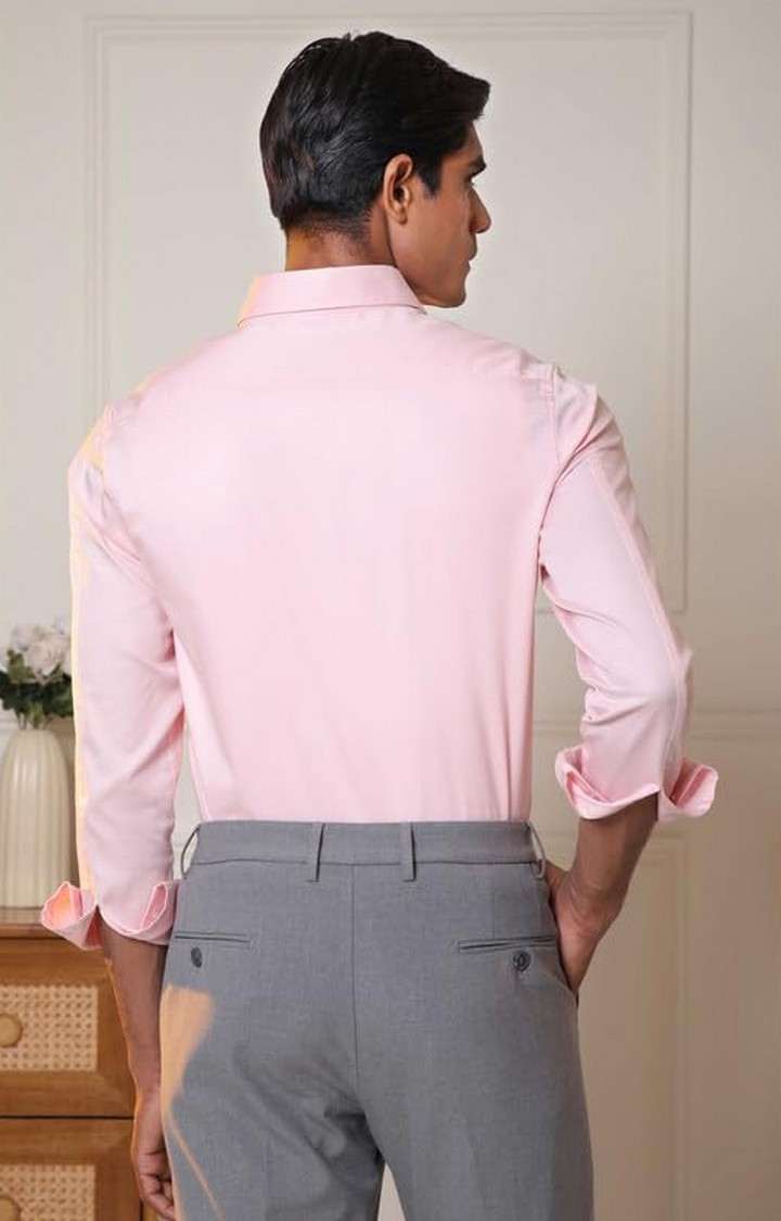 SUBTRACT-Men Ice Pink Slim Fit Solid Spread Collar Cotton Satin Evening Shirt