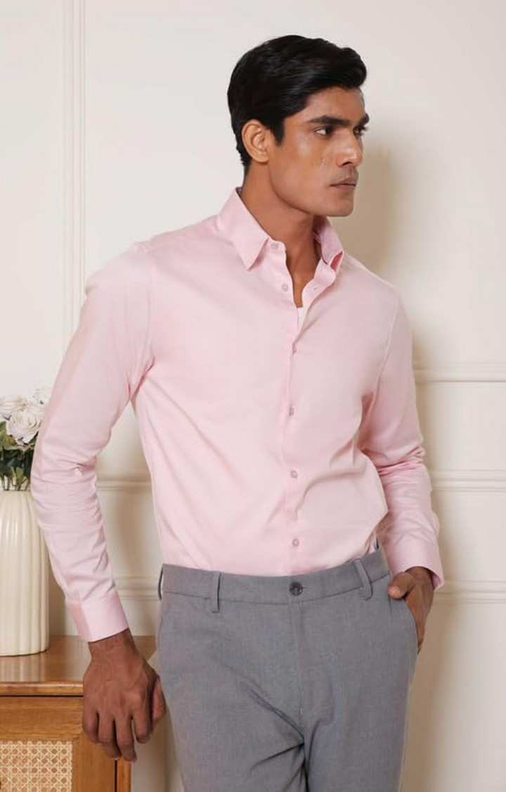 SUBTRACT-Men Ice Pink Slim Fit Solid Spread Collar Cotton Satin Evening Shirt