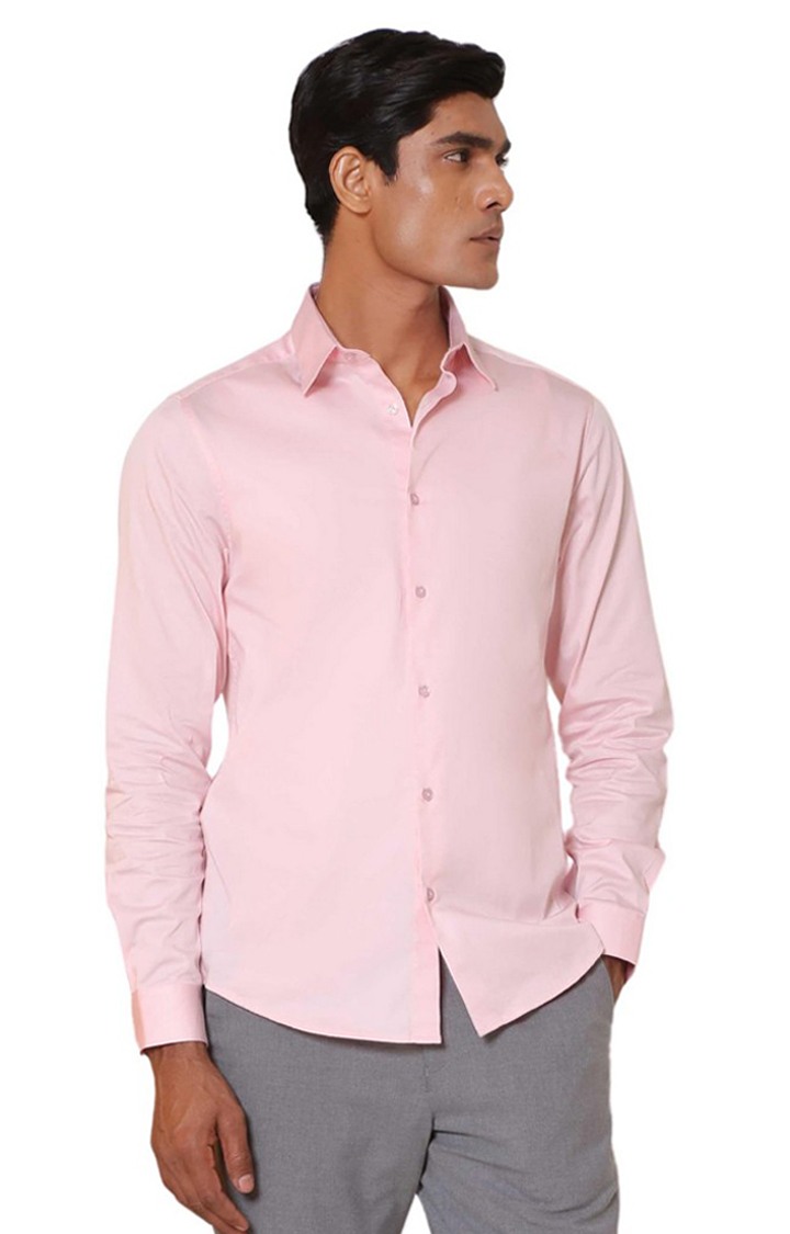 SUBTRACT-Men Ice Pink Slim Fit Solid Spread Collar Cotton Satin Evening Shirt