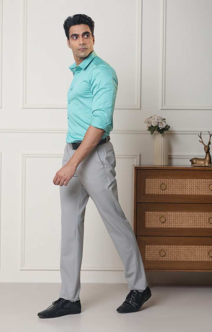 SUBTRACT-Men Mint Slim Fit Solid Spread Collar Cotton Satin Evening Shirt