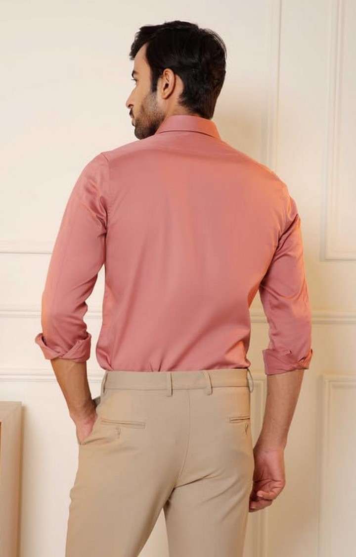 SUBTRACT-Men Rose Metal Slim Fit Solid Spread Collar Cotton Satin Evening Shirt