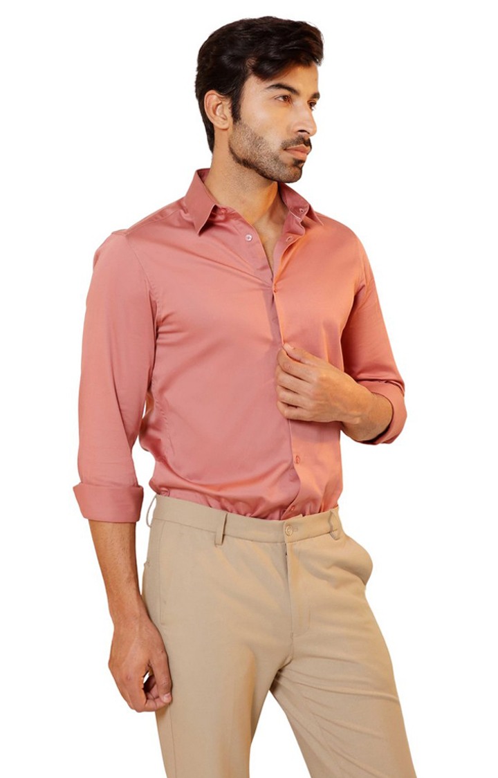 SUBTRACT-Men Rose Metal Slim Fit Solid Spread Collar Cotton Satin Evening Shirt