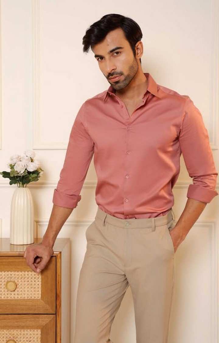 SUBTRACT-Men Rose Metal Slim Fit Solid Spread Collar Cotton Satin Evening Shirt