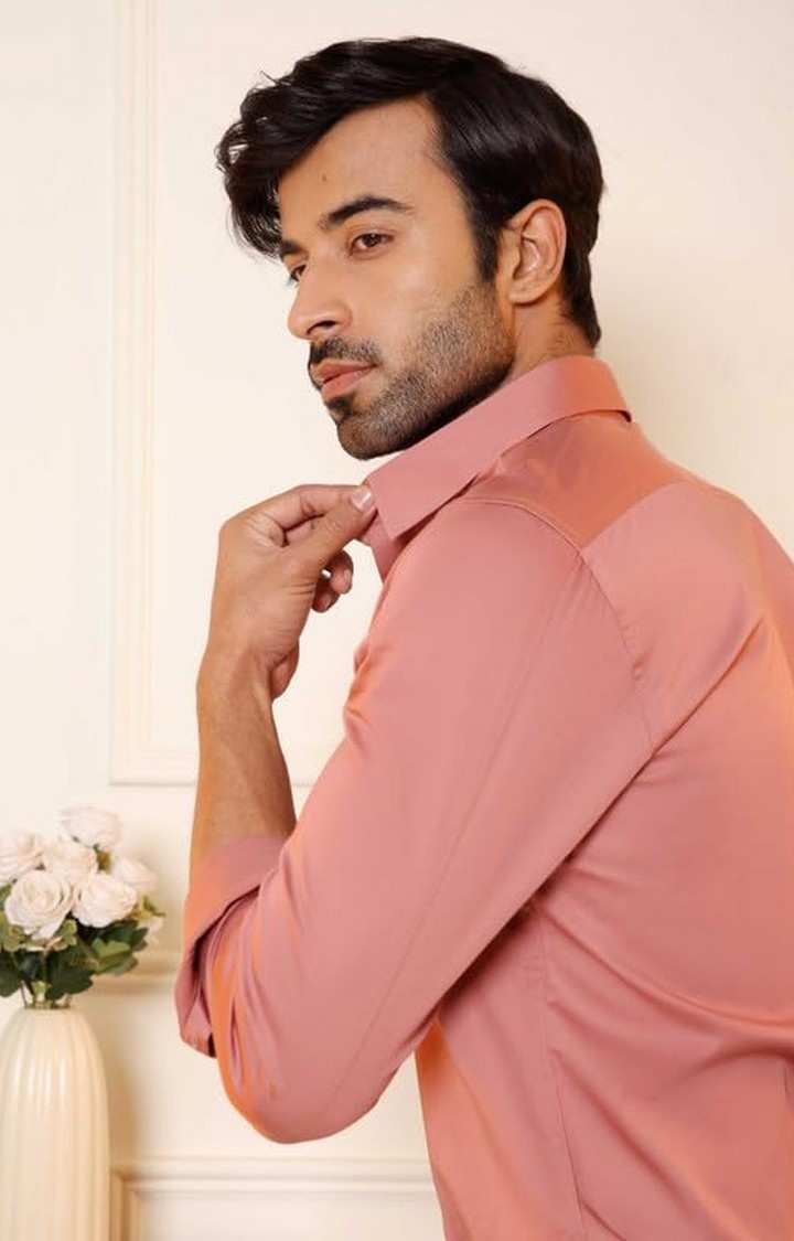 SUBTRACT-Men Rose Metal Slim Fit Solid Spread Collar Cotton Satin Evening Shirt