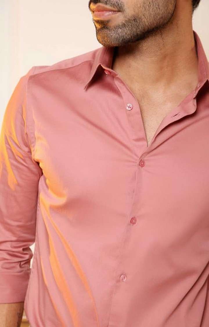 SUBTRACT-Men Rose Metal Slim Fit Solid Spread Collar Cotton Satin Evening Shirt