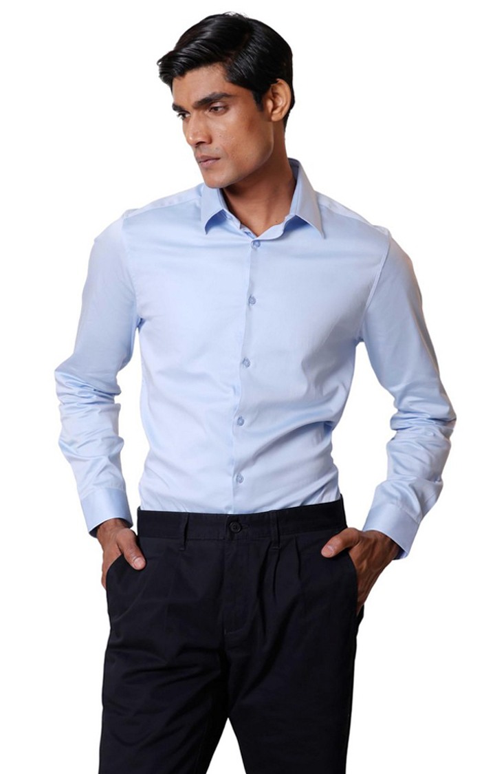 SUBTRACT-Men Sky Blue Slim Fit Solid Spread Collar Cotton Satin Evening Shirt