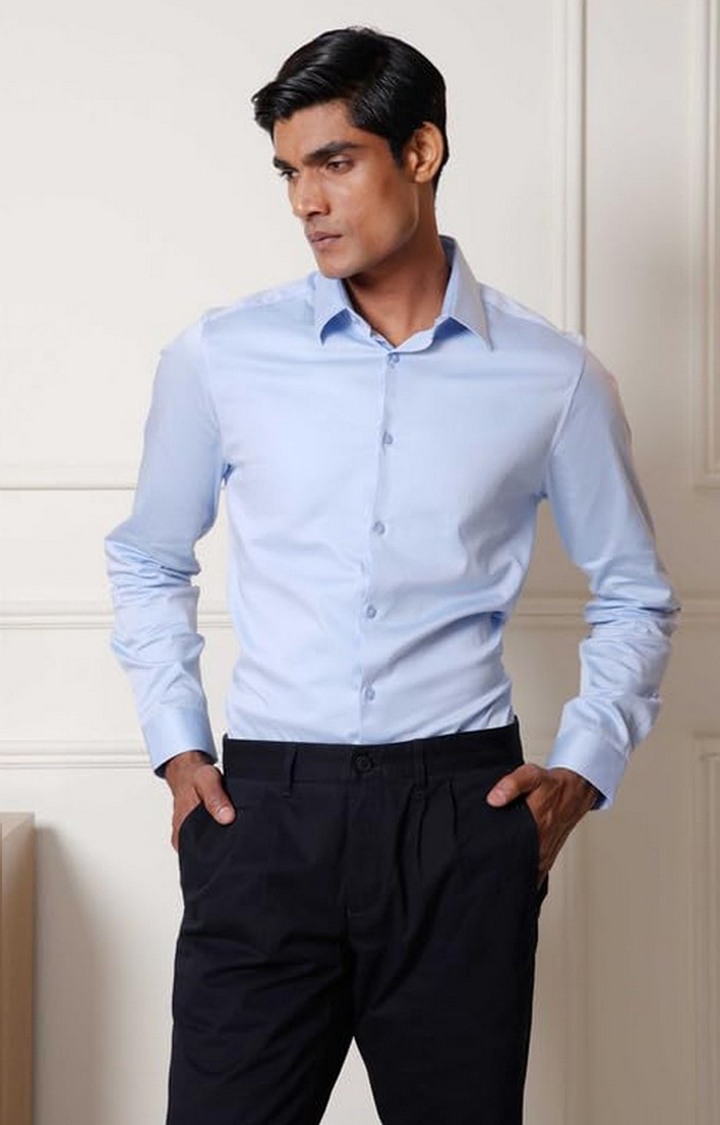 SUBTRACT-Men Sky Blue Slim Fit Solid Spread Collar Cotton Satin Evening Shirt